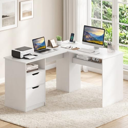 Tangkula 59” L-Shaped Executive Desk w/Power Outlets, Home Office Desk - color: White