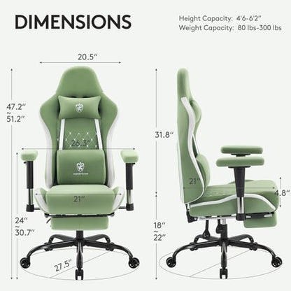 Gaming Chair,Computer Office Chair with Footrest,Massage,Green | Breathable Fabric,Gel Pad,Ergonomic,Spring Cushion,High Back,2D Adjustable Arms,Reclining,Lumbar Support,Headrest,Gamer Chair - color: Green
