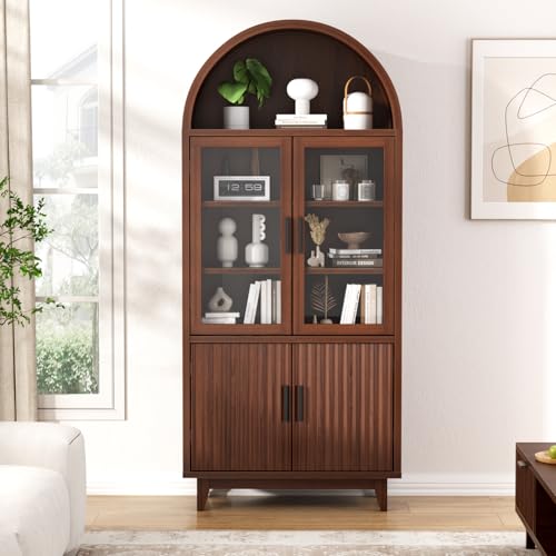 Arched Cabinet with Glass Doors, Fluted Pantry Cabinet with Solid Wood Legs - color: Walnut, size: Tall Arched - 15.7"D x 31.1"W x 70.8"H