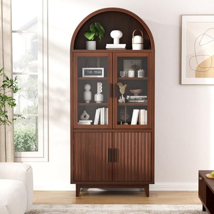 Arched Cabinet with Glass Doors, Fluted Pantry Cabinet with Solid Wood Legs - color: Walnut, size: Tall Arched - 15.7"D x 31.1"W x 70.8"H
