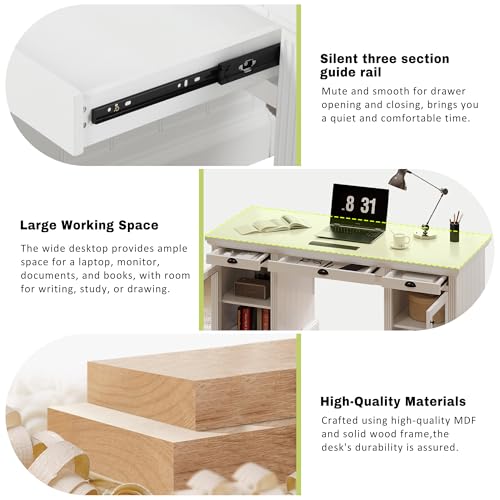 Executive Desk with Power Outlets & USB Charging Station, 67.7" Computer Desk with 3 Drawers & 2 Cabinets Glass Doors, Modern Wood Home Office Desk for Bedroom,Living Room,Study Room, White