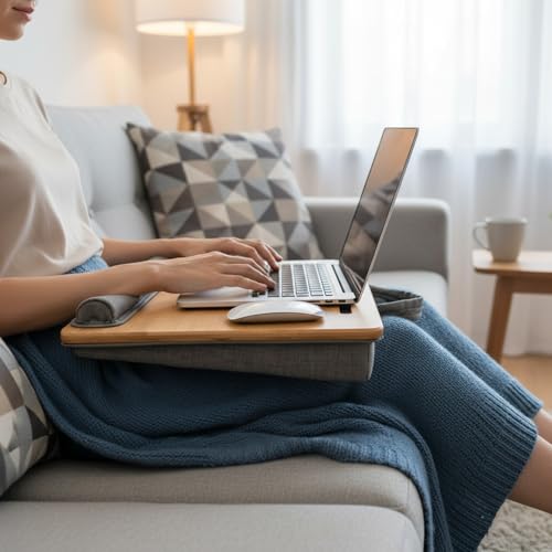 Bamboo Lap Desk for Laptop with Cushion Tablet Phone Holder Handle - size: 16.5"x13.4" Fixed