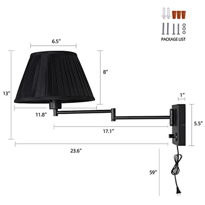 17" Swing Arm Wall Lamp USB & AC Outlet, Dimmable, Black - color: Black