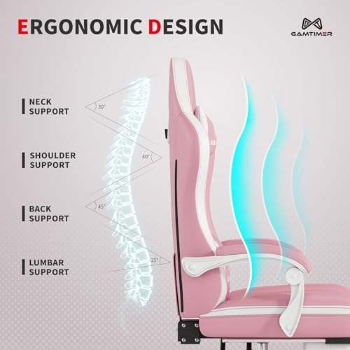 Gamtimer Gaming Chair with Footrest, Ergonomic Computer Chair, PU Breathable Material with Headrest and Lumbar Support, Suitable for Silla Gamer and Adults(Pink) - color: Pink
