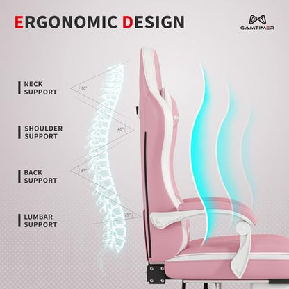 Gamtimer Gaming Chair with Footrest, Ergonomic Computer Chair, PU Breathable Material with Headrest and Lumbar Support, Suitable for Silla Gamer and Adults(Pink) - color: Pink