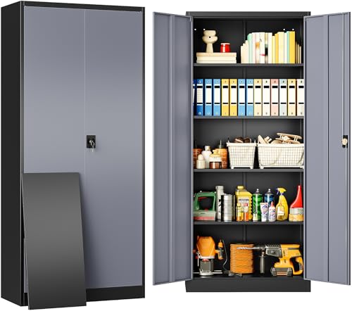 Metal Storage Cabinet with 2 Doors and 5 Shelves,Gray Metal Cabinet with Lock,71" Lockable Garage Storage Cabinets,Locking Steel Cabinets for Home,Office,Garage,School - color: Black Gray, size: 71"H x 31.5"W x 16"D-B