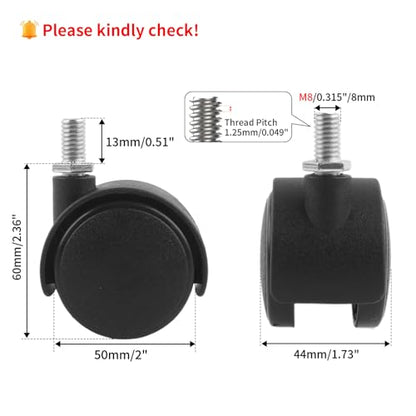 HOWDIA 4 Pack 2 Inch Swivel Caster Wheels for Cart, M8-1.25×13mm Threaded Stem Heavy Duty Casters, Nylon Wheels Replacement for Furniture, Table, Cabinet, Shelf（No Brake） - style: M8 - 1.25×13mm Threaded Stem No Brake