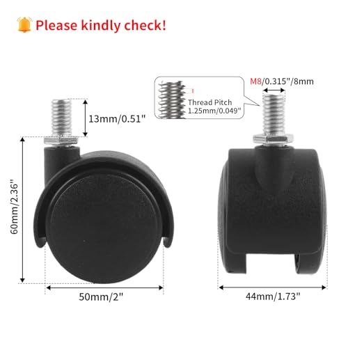 HOWDIA 4 Pack 2 Inch Swivel Caster Wheels for Cart, M8-1.25×13mm Threaded Stem Heavy Duty Casters, Nylon Wheels Replacement for Furniture, Table, Cabinet, Shelf（No Brake） - style: M8 - 1.25×13mm Threaded Stem No Brake