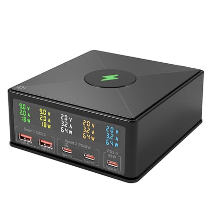 160W Desktop Charger Station with Wireless Charging Pad & Per-Port Display