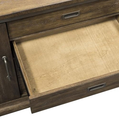 Pemberly Row Mid-Century Wood Computer Credenza, 54 in Wide, Rustic Saddle Brown Finish, Sliding Barn Door Design, Adjustable Shelves, File Drawer, Wire Management, Home Office Storage Cabinet