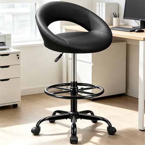 Ergonomic Drafting Chair for Standing Desk, PU Leather Black | Height Adjustable Tall Rolling Stool with Foot Rest & Back Support, 360° Swivel Wheels for Home Office Kitchen Counter Salon - color: Black, size: 1 Pack