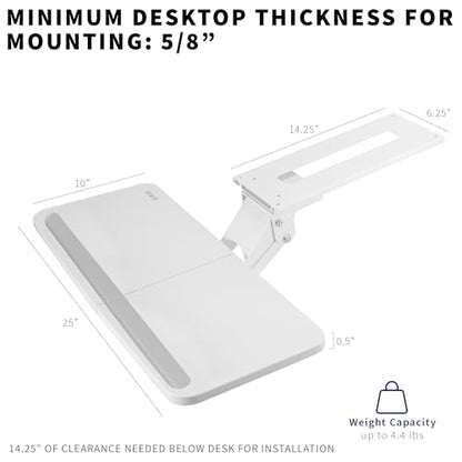 VIVO Adjustable 25 x 10 inch Computer Keyboard and Mouse Platform Tray Ergonomic Under Table Desk Mount Drawer Underdesk Shelf, White, MOUNT-KB03W | Adjustable Computer Keyboard and Mouse Platform, Ergonomic Under Table Desk Mount Drawer, Full Swivel - co