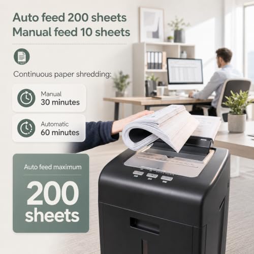 Paper Shredder Heavy Duty 200 Sheet Auto Feed P-5 Micro Cut | 60 Min Run Time Paper Shredder with 35L Pullout Bin/Credit Cards/CDs/Home Office and Small Business Use