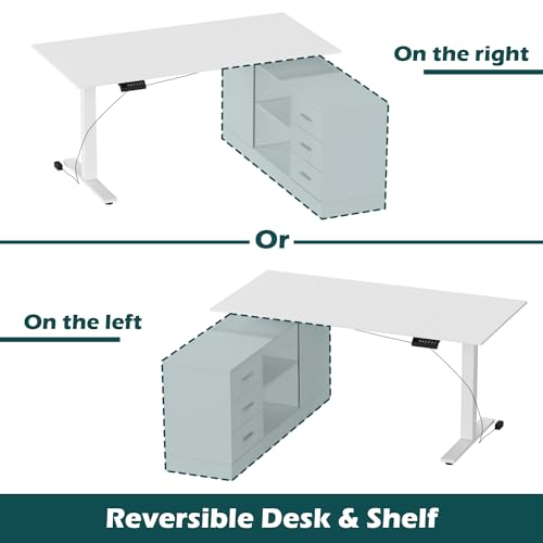 63" L Shaped Electric Standing Desk with File Cabinet, Height Adjustable Stand up Desk with Drawers and Shelves, Home Office Computer Gaming Table, White - color: White