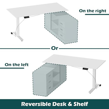 63" L Shaped Electric Standing Desk with File Cabinet, Height Adjustable Stand up Desk with Drawers and Shelves, Home Office Computer Gaming Table, White - color: White