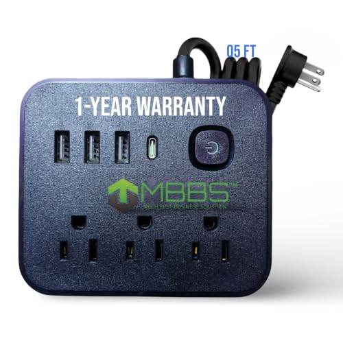 5ft Surge Protector Power Strip with USB C, 1200J Protection, Heavy Duty Extension Cord – (7-in-1) 3 AC Outlets, 4 USB Ports, LED On/Off Switch – Compact & Travel Friendly – Home, Office (Black) - color: Black, size: 5 ft