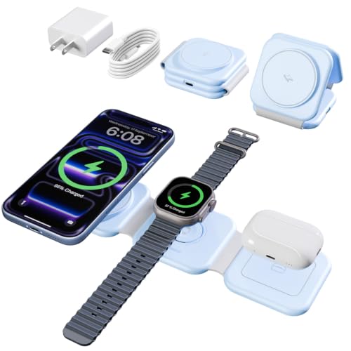 15W Magnetic Travel Charging Station, 3-in-1 Foldable MagSafe Charger - color: Sky Blue
