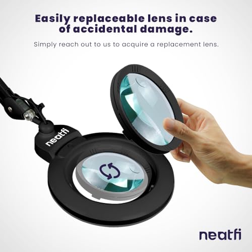 Neatfi XL Bifocal LED Magnifying Lamp, 7" Acrylic Lens, 2.25X/6X, 1,600 Lumens Dimmable | 3 Light Modes, Adjustable Arm & Clamp | Reading, Crafting & Jewelry (Black, 7-inch Lens, CCT with Clamp) - color: Black