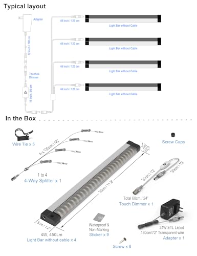 EBD LED Under Cabinet Lighting 4-Way Parallel Connection Display Case Lights Touch Kitchen Counter Light Bar 4 Panels 1800 Lm 6500K Energy Super Bright for Pantry Garage Closet Bookcase & Shelf - size: 4-Way 4-Pack