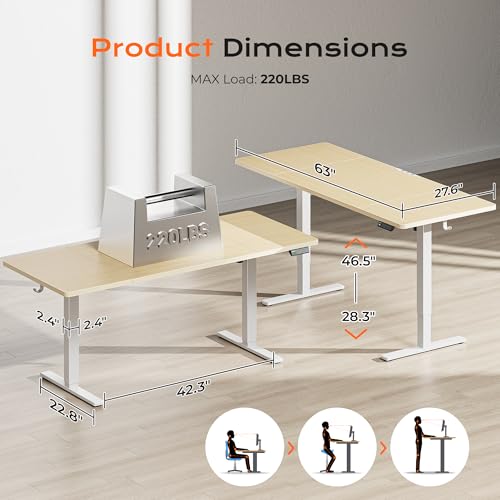 Huuger 63 x 28 Large Electric Standing Desk, Height Adjustable Computer Desk, 27.6" Deep Desktop, Stand up Gaming Office Table with 2 Hooks, 3 Preset Heights, for Home Office, Maple, 7021Q-1 - color: Maple, size: 63*28 inch (no outlets)