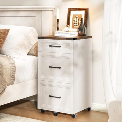 3 Drawers Farmhouse File Cabinet with Wheels for Home Office, Rustic White - color: White and Brown, size: Big 3 Drawers