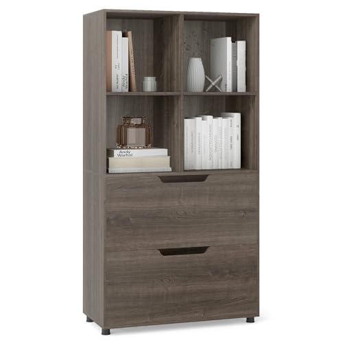 Giantex Bookshelf with 4 Cubes & 2 Drawers, 51” Tall Floor Bookcase with Anti-tip Kits, Freestanding Display Rack Storage Organizer for Study, Living Room, Home Office (1, Grey) - color: Grey