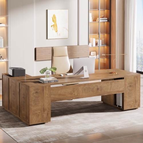 Tribesigns 85.8-Inch L-Shaped Executive Desk, Extra Large Home Office Desk - color: Natural Oak