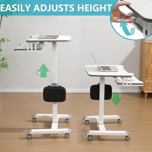 ETHU Mobile Standing Desk with Keyboard Tray on Wheels, White