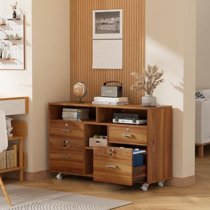 VINGLI Wide 4 Drawer Lockable Rolling File Cabinet with Open Shelves - Walnut Wood Lateral File Cabinet Printer Stand for Home Office, Letter Sized - color: Walnut