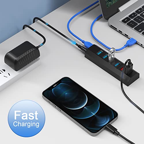 USB Hub, Aiibe 6 Ports Super High Speed USB 3.0 Hub Splitter + 24W Power Adapter + USB 3.0 Cable, Black Smart Fast Charger Powered USB Hub for Laptop, Mac, PC, Mobile HDD, Mulitple Devices - color: Black 6 Port