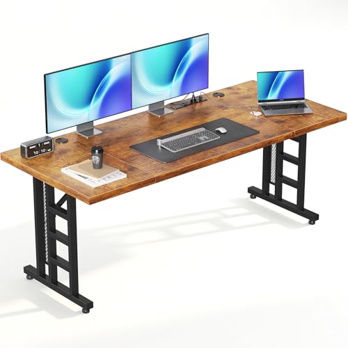 OffiGo 78 Inch Executive Computer Desk with Outlets, Rustic Brown