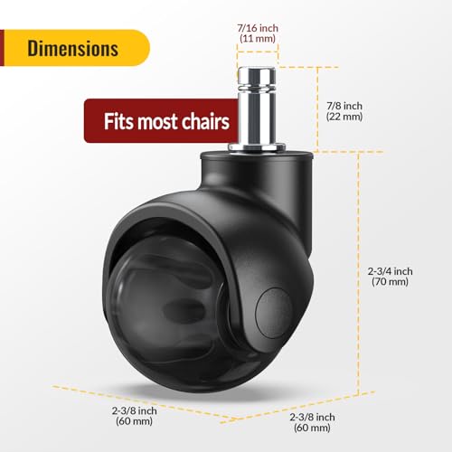 HOLKIE Office Chair Wheels Replacement 11x22mm Universal Fit 2 Inch Rubber Heavy Duty Casters for Carpet Hardwood Floors Gaming Desk Chair Roller Wheels Set of 5 Black Ball Casters Smooth & Silent - color: Black