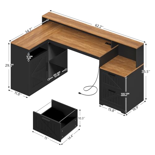 65" Farmhouse Computer Desk with Drawers and Printer Stand for Home Office - color: Brown and Black