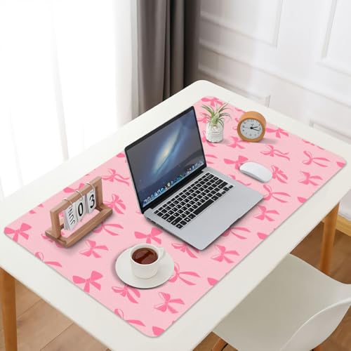 Cute Kawaii Pink Bow Extended Gaming Keyboard Mouse Pad | Non-slip Leather Home Office Desk Mat Protector - color: Pink Bow/Pink, size: L(31.5×15.7 inch)