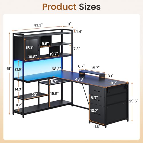 SEDETA 58'' L Shaped Computer Office Desk with 3 Drawers and Bookshelf - color: Black