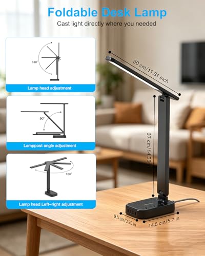 LED Desk Lamp, 10Ft Power Strip with 3 Outlets 4 USB Ports(2 USB C), Black - color: Black, size: 10 Ft