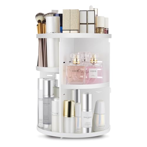 seinlife 360 Rotating Makeup Organizer,DIY Adjustable Spinning Holder,Foldable Cosmetic Storage Display box,Large Capacity Make up Caddy Shelf,Fits Countertop Vanity and Bathroom (WHITE) - color: WHITE