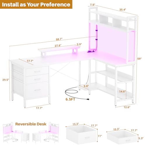 Aheaplus L Shaped Gaming Desk with Hutch, Gaming Desk with Led Lights, Reversible Computer Desk with Power Outlet, Corner Desk with File Drawer & Monitor Stand, Storage Shelves for Home Office, White - color: White