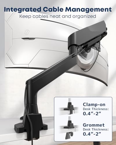 Ultrawide Monitor Arm fits 17-49 Inch Heavy Duty Flat/Curved Monitor | Cable Management, Full Motion, Gas Spring Arm, Holds 35.2 lbs with Clamp & Grommet Desk Mount, VESA 75/100mm, Black - size: Single Arm 17-49 Inch