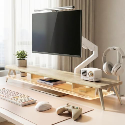 Fenge Dual Monitor Stand with 8-Mode LED Lights and Frosted Shelf, Oak | Sturdy Aluminum Legs, Built-In Phone & Tablet Slot, 2-Tier Storage, 42.5-Inch Desk Shelf for Gaming, Home Office & Streaming - color: Oak