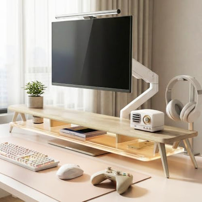 Fenge Dual Monitor Stand with 8-Mode LED Lights and Frosted Shelf, Oak | Sturdy Aluminum Legs, Built-In Phone & Tablet Slot, 2-Tier Storage, 42.5-Inch Desk Shelf for Gaming, Home Office & Streaming - color: Oak