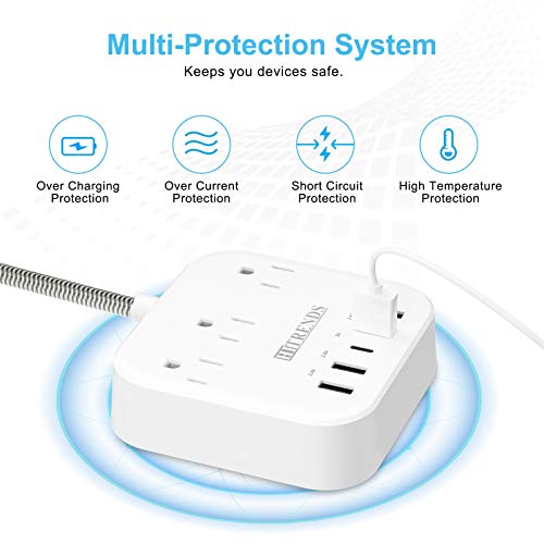 Surge Protector Power Strip, 10FT Extension Cord, 3 Outlets 4 USB-A 1 USB-C (5V/3A), 45° Flat Plug Wall Mountable for Home Office, Dorm, Cruise Ship, Nightstand - size: 10FT