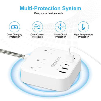 Surge Protector Power Strip, 10FT Extension Cord, 3 Outlets 4 USB-A 1 USB-C (5V/3A), 45° Flat Plug Wall Mountable for Home Office, Dorm, Cruise Ship, Nightstand - size: 10FT