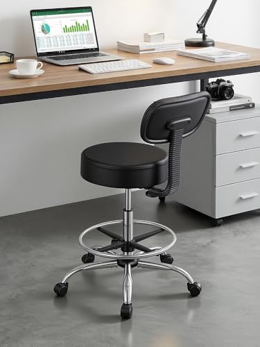 Wufuuoa Drafting Chair with Backrest, Height Adjustable Rolling Stool with Footrest Ring, Faux Leather Thick Cushion Office Stool, Heavy Duty 250lbs Capacity for Workshop Garage Salon Kitchen Black