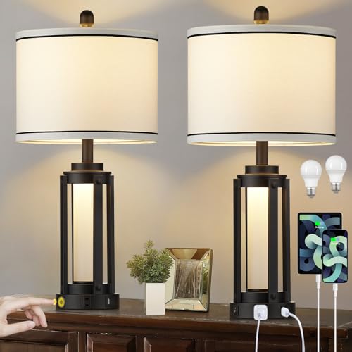 25" Modern Table Lamps Set of 2, Industrial Beside Lamps with USB A+C Charging Ports & AC Outlet, Nightstand Lamp with Glass Night Light for Living Room Bedroom End Table Decor White(4 Bulbs Included) - color: Black