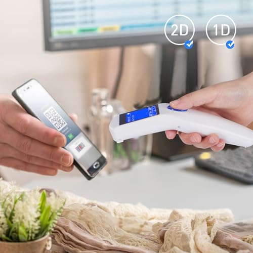 QR Code Scanner,JRHC 2D Portable Barcode Scanner Wireless 2-in-1 2.4G Wireless & USB Wired Handheld Barcode Reader Inventory Management with Display for Supermarket, Store, Warehouse, Library (White)