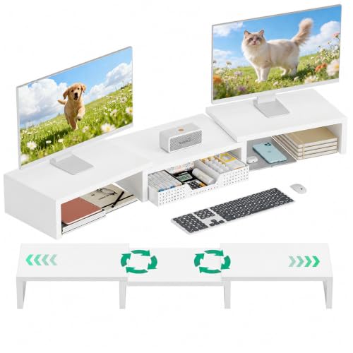 OPNICE Dual Computer Monitor Stand Riser, Desk Organizer with Drawer, Office Desk Accessories & Workspace Organizers for Home Office Supplies, White - color: White
