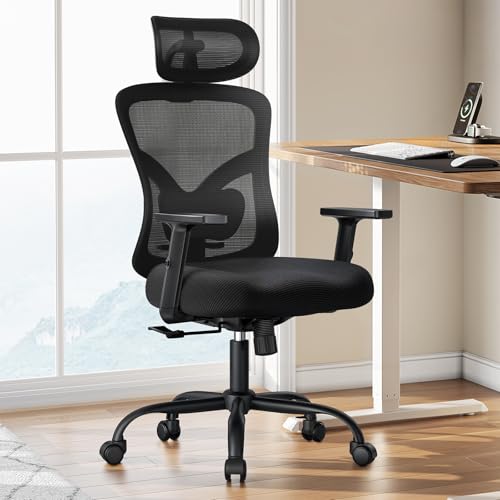 Marsail Ergonomic Office Chair with Lumbar Support and 2D Headrest | Adjustable armrests, contoured seat cushion, breathable design, smooth-rolling wheels, reclining function, height adjustment - color: Black