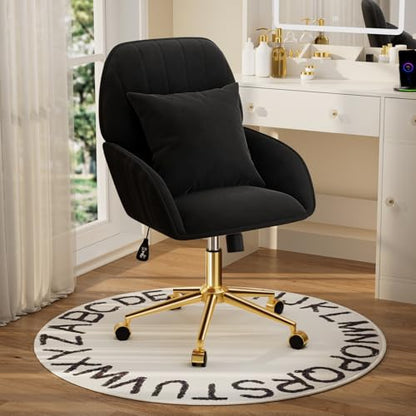 Home Office Desk Chair Comfy with Adjustable Swivel Wheels, Modern Velvet Makeup Vanity Chair with Back & Pillow, Ergonomic Office Chair Computer Task Chair for Living Room, Bedroom, Black - color: Black