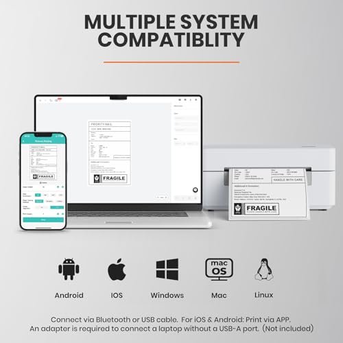 Bluetooth Thermal Shipping Label Printer 4x6 Wireless Direct Thermal Label Machine Small Business High Speed Portable Maker Compatible with Android, iOS & Windows for Ebay Shopify USPS